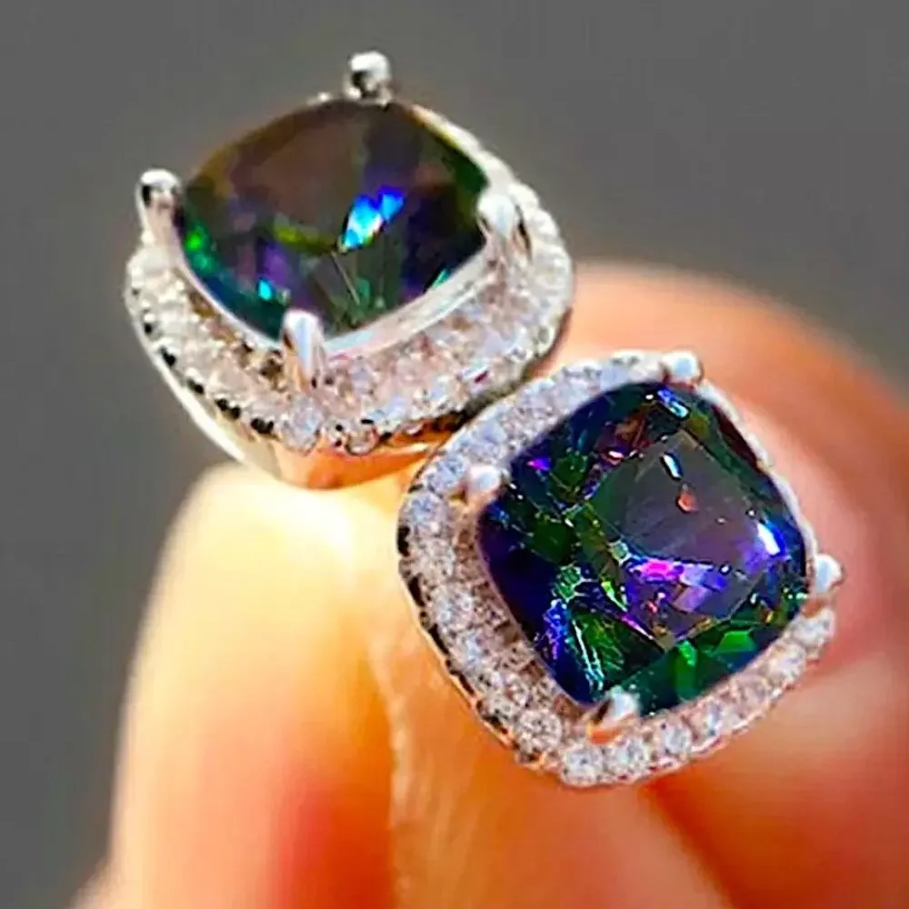 Mystic Fire Topaz Stud Earrings, Square, Princess Cut - Picture 10 of 10